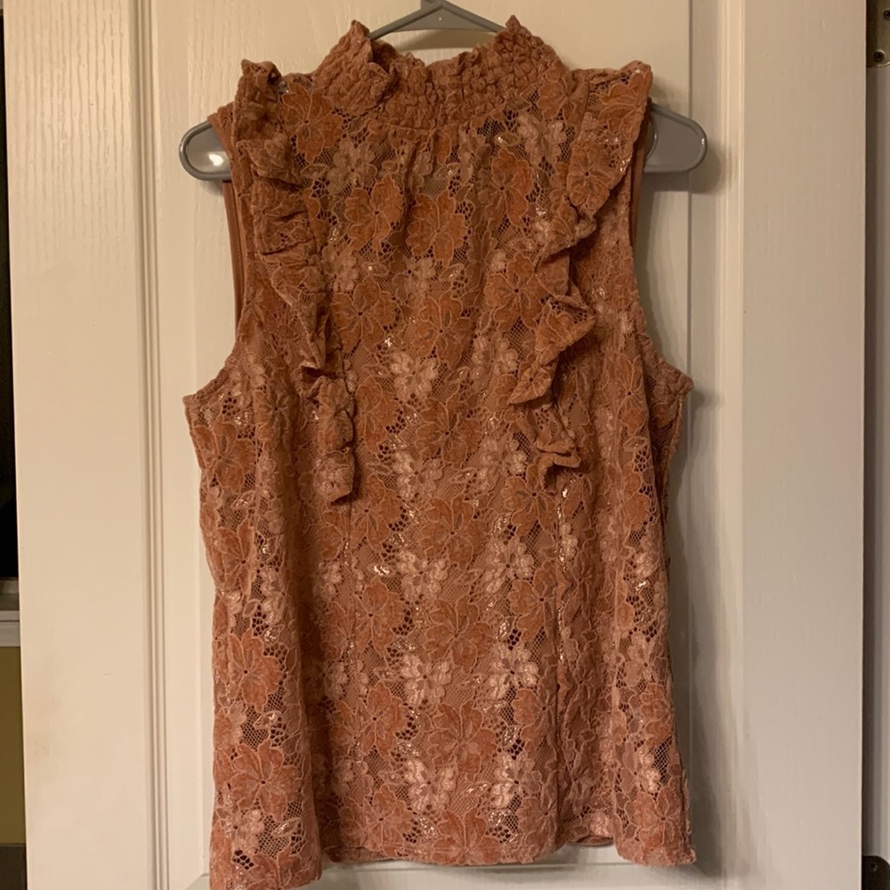 Nice lace sheer velvet feeling coral top with cami. NWOT.